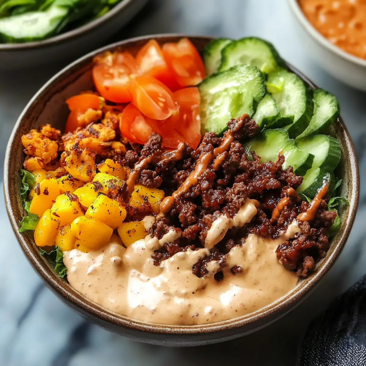 Ultimate Fully Loaded Burger Bowl with Creamy Special Sauce