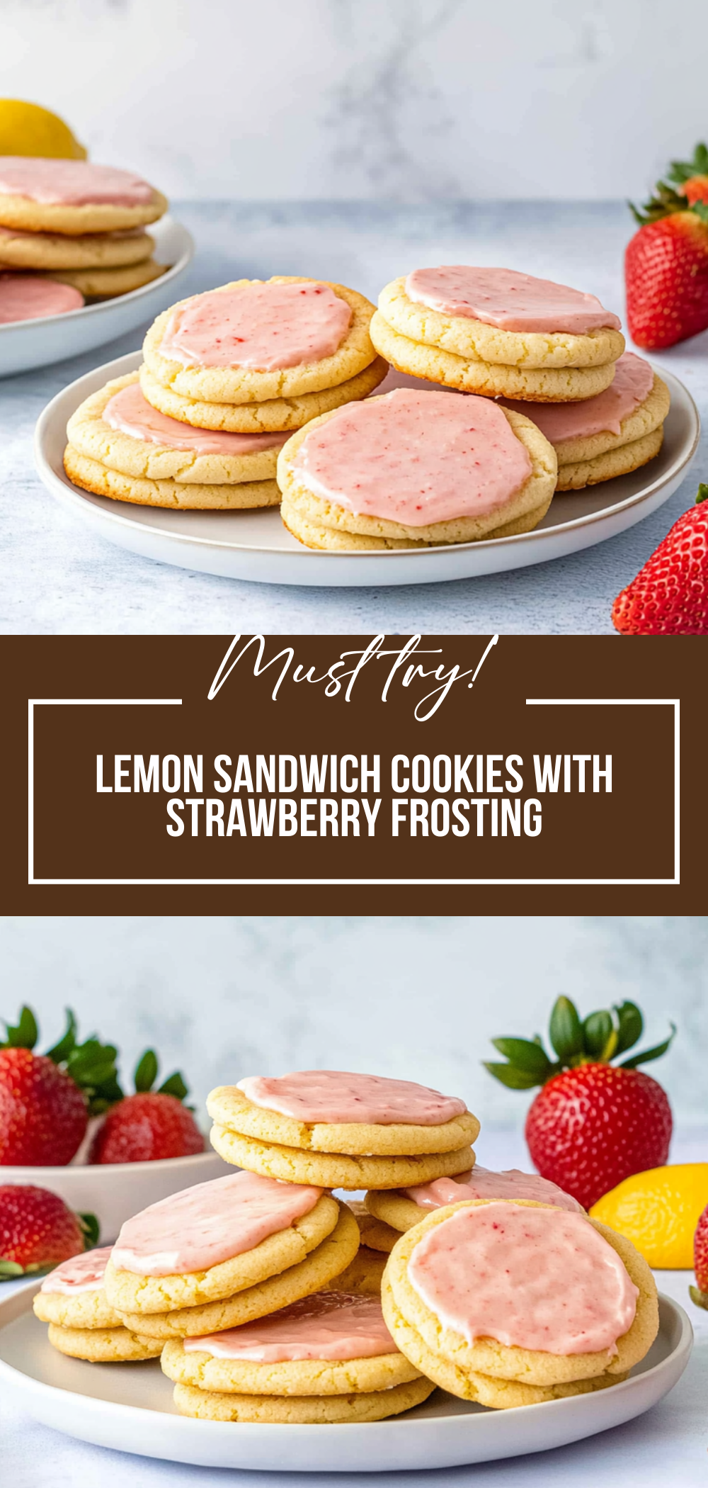 Lemon Sandwich Cookies with Strawberry Frosting